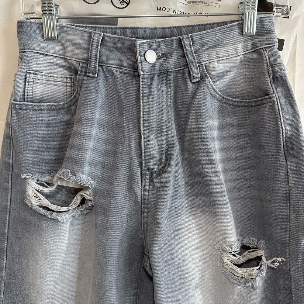SHEIN PETITE Womens Front-Button Multi-Pocket Ripped Denim Jeans Gray Small/4 - Picture 3 of 12